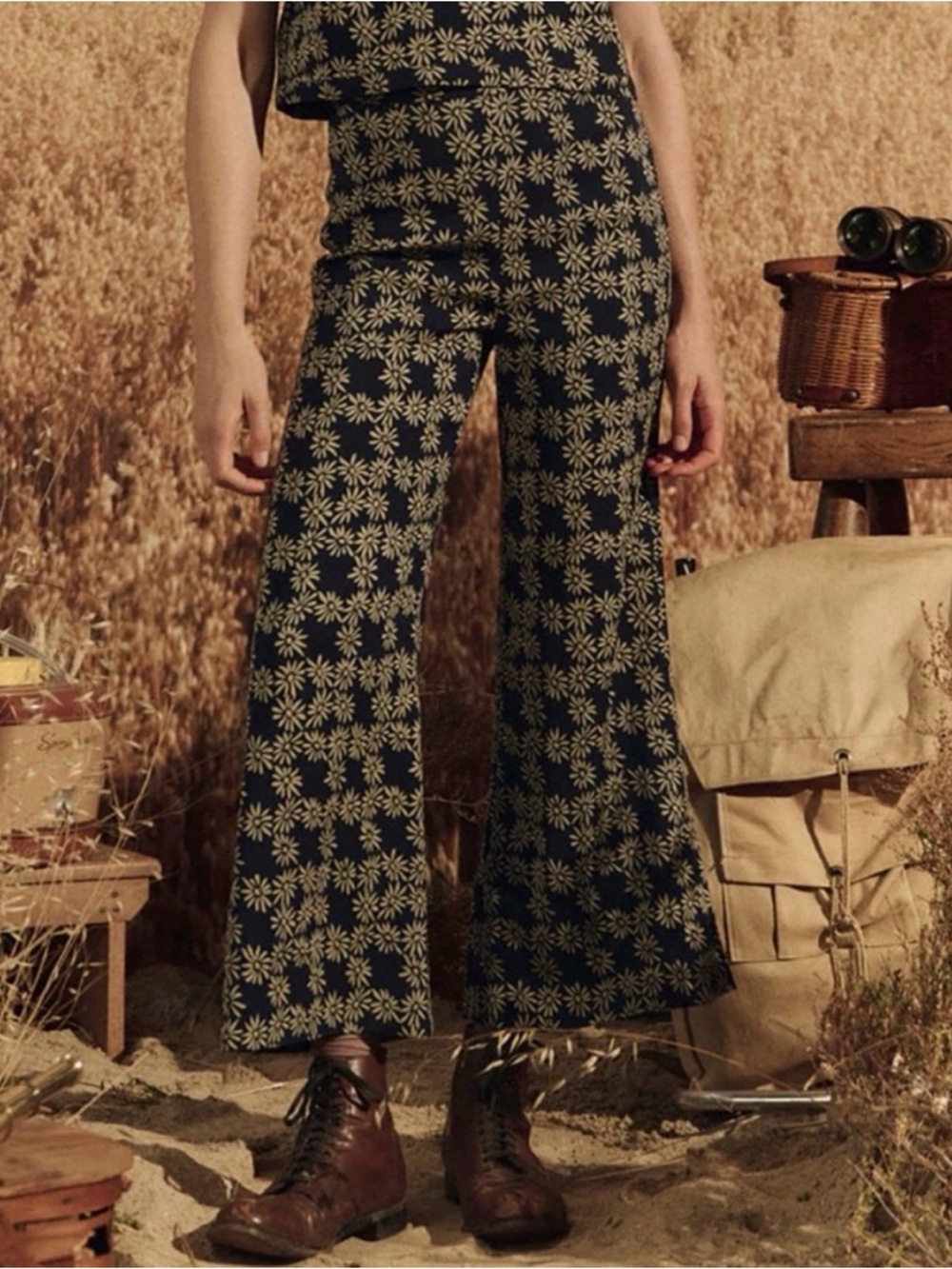 THE GREAT. Dance Pants Navy Wide Leg Pants with Cream Daisy Print